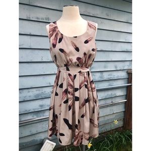 Bird Feather Print Dress with Tie Back Bow Silky